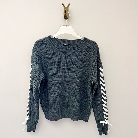 Gray Lace Up Crewneck Sweater - Picture 3 of 12